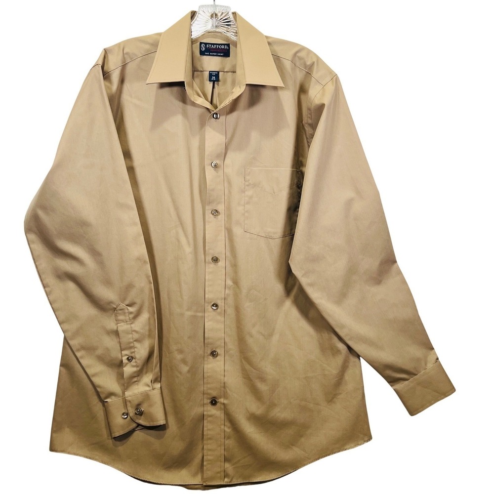 Stafford Performance The Super Shirt Mens 34-35 L Tan Classic Fit Dress Shirt